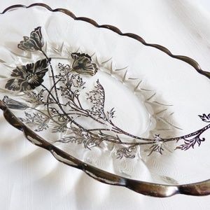 VTG STERLING SILVER CITY ON CLEAR CRYSTAL FLANDERS FLOWERS OVAL BOWL PLATE DISH